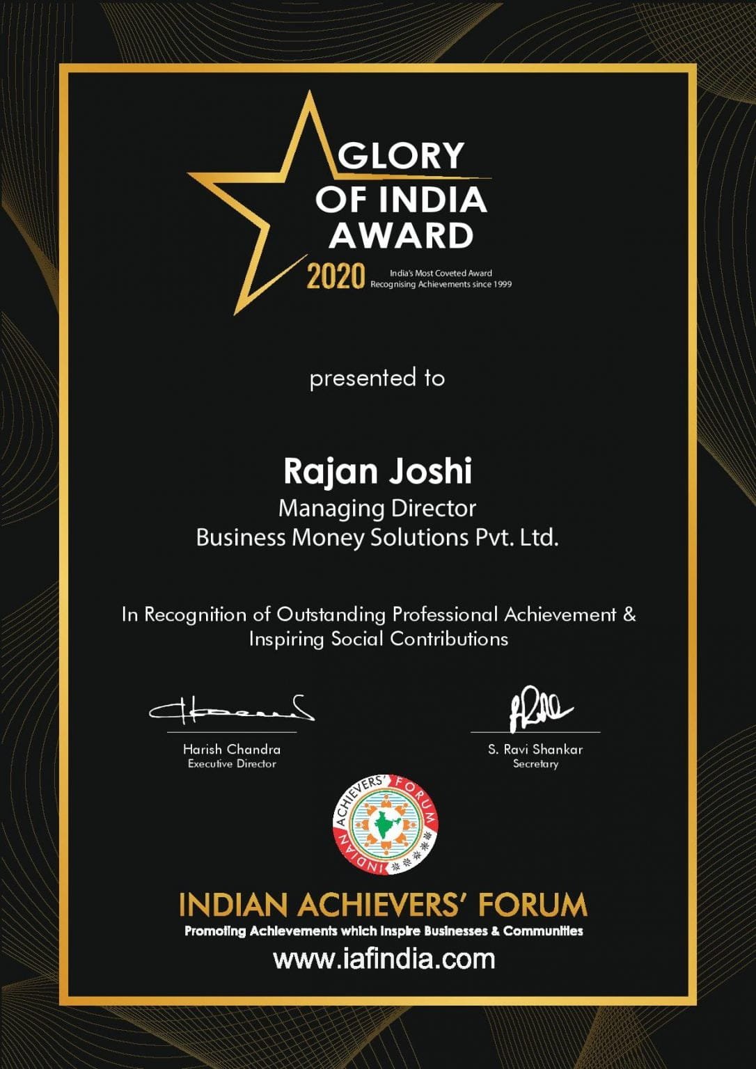 Mr. Rajan Joshi - Winner of Indian Achievers' Award 2020