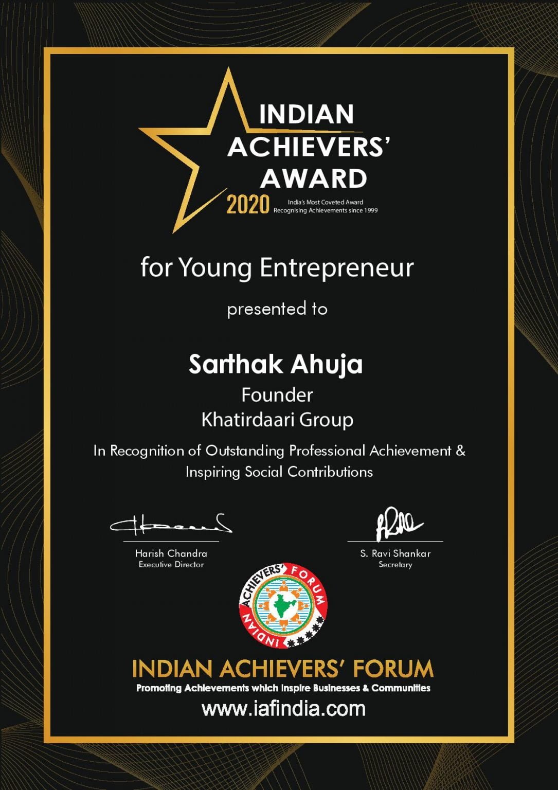 Mr. Sarthak Ahuja - Winner of Indian Achievers' Award 2020