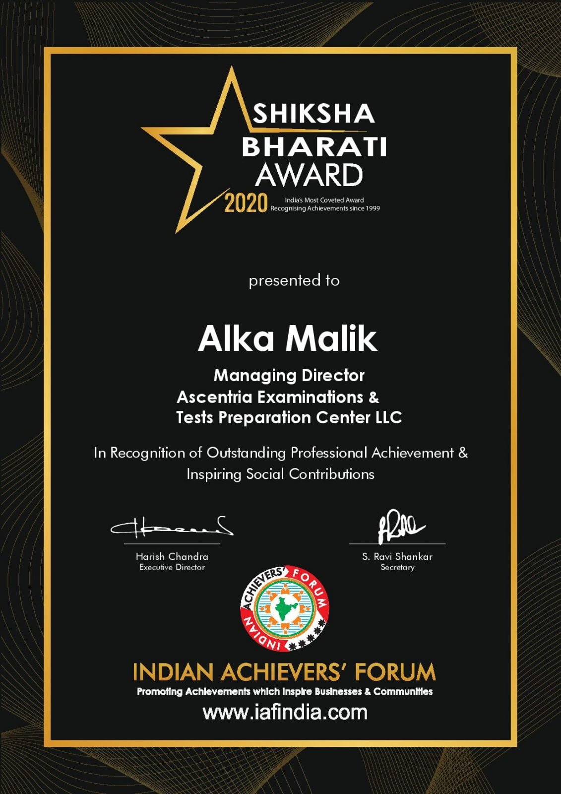 Ms. Alka Malik - Winner of Indian Achievers' Award 2020