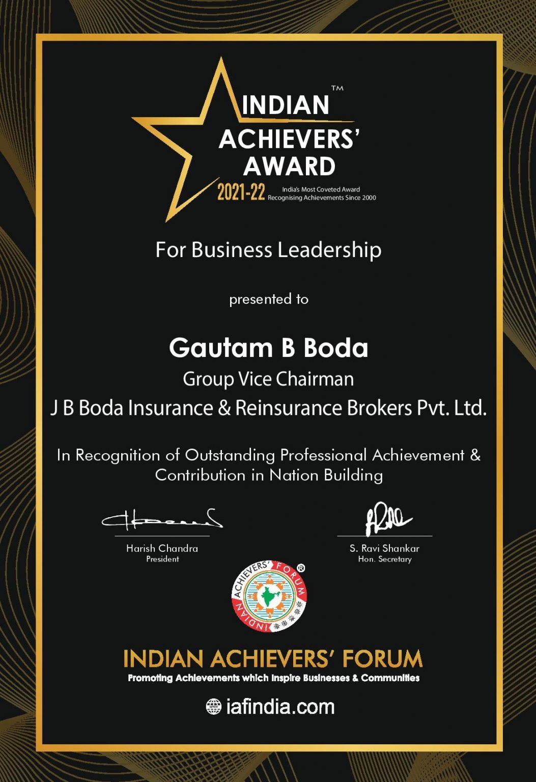 Mr. Gautam Boda - Winner Of Indian Achievers' Award 2022