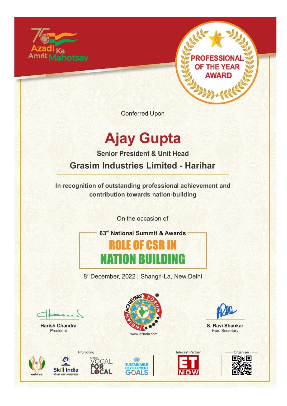 Mr. Ajay Gupta - Winner of Indian Achievers' Award 2022