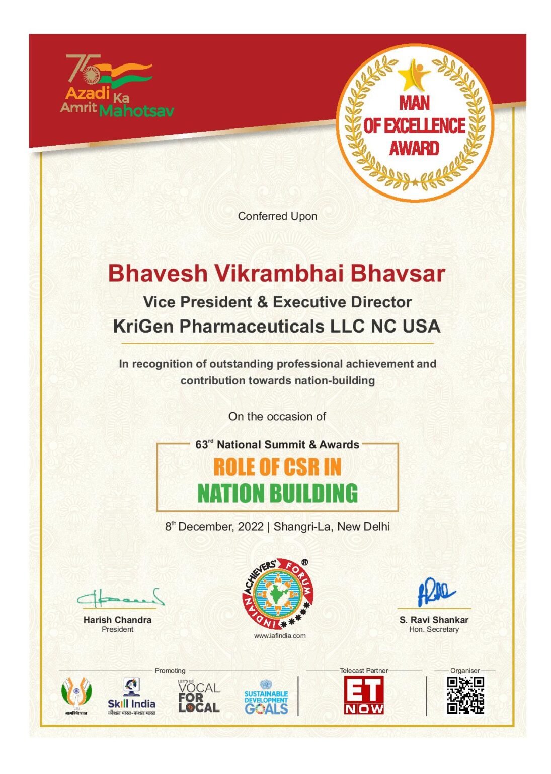 Mr. Bhavesh Bhavsar - Winner Of Indian Achievers' Award 2022