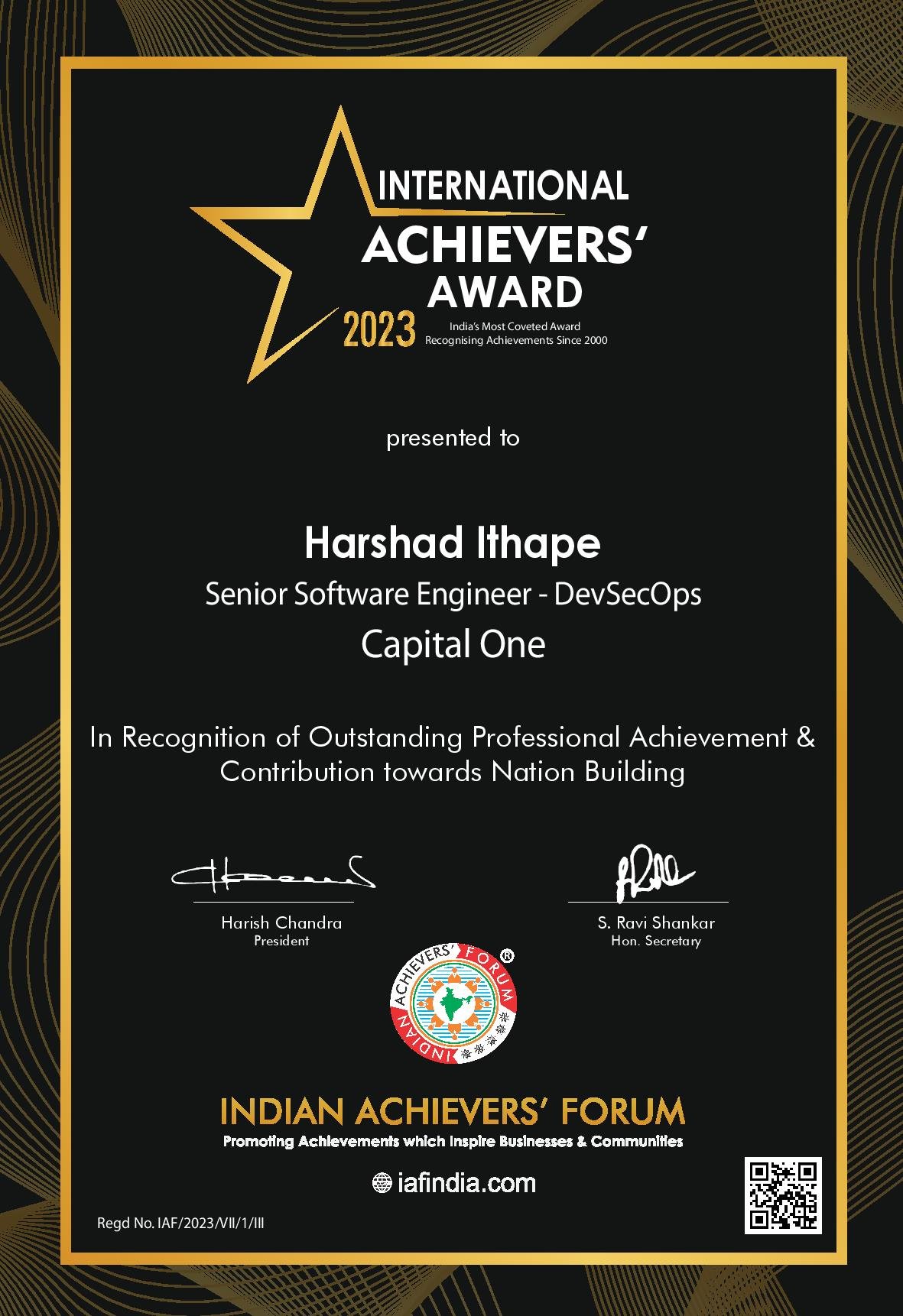 Mr. Harshad Ithape - Winner of Indian Achievers' Award 2022-23