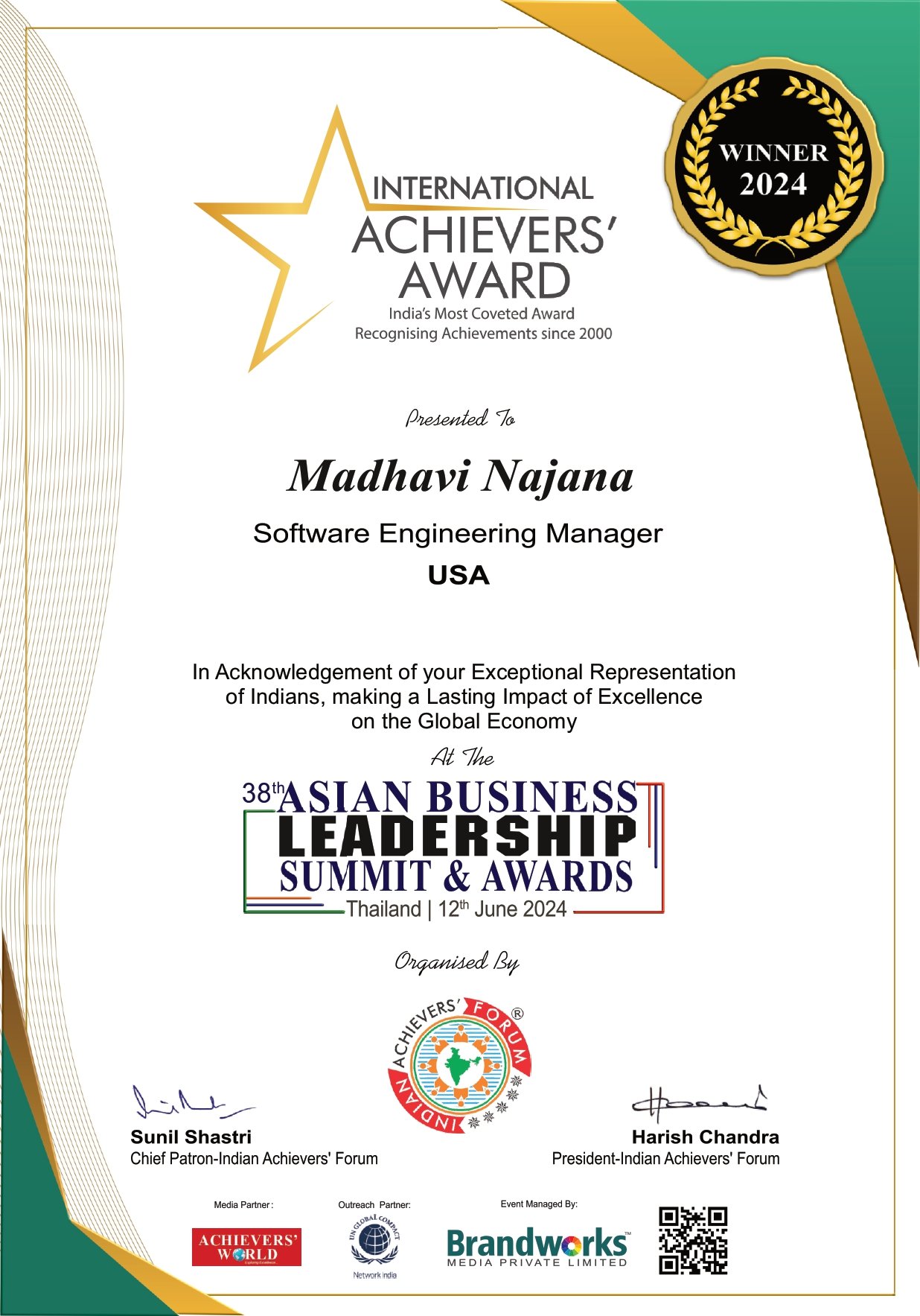 Ms. Madhavi Najana - Winner of Indian Achievers' Award 2024